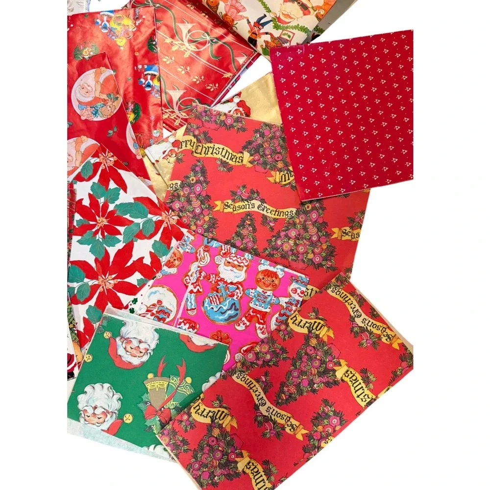 Vintage Christmas Gift Wrap Lot Wrapping Paper Bags Tags Santa Ephemera